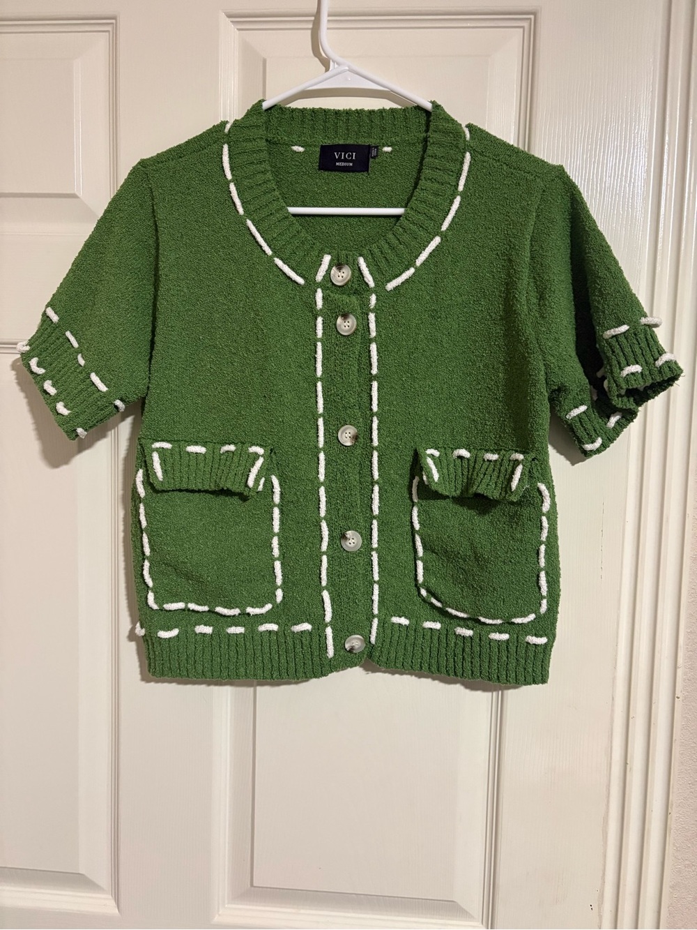 VICI Green Short-Sleeve Crewneck Cardigan with White Trim